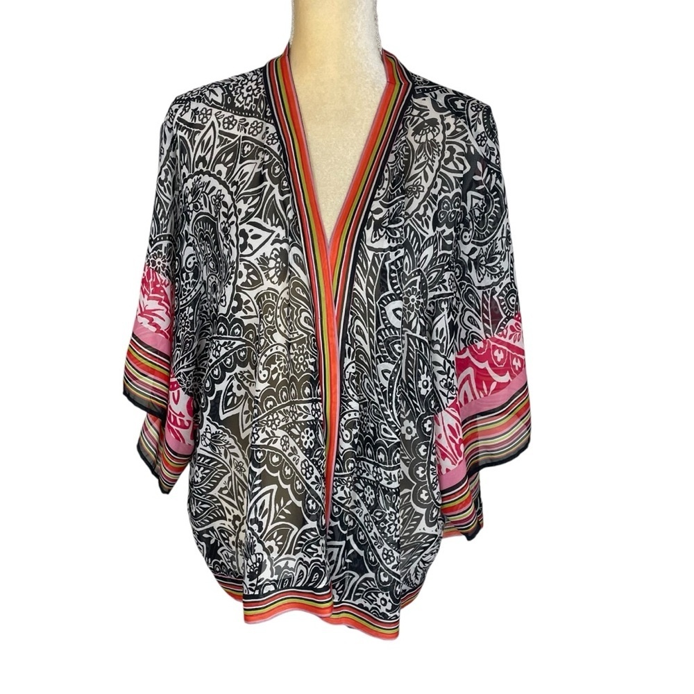 New Directions kimono wrap top women’s Size 2X boho gypsy paisley black red
